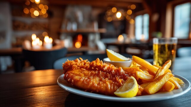 Crispy Fish and Chips with Lemon and Beer in Cozy Restaurant