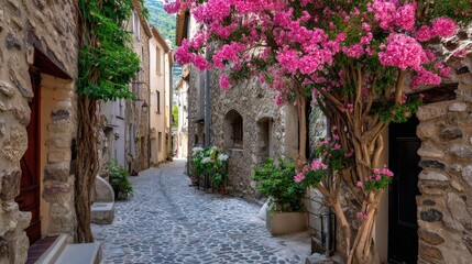 Fototapeta premium Scenic Narrow Cobblestone Street with Blooming Pink Flowers