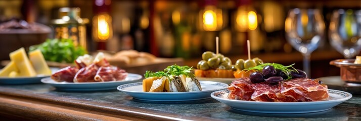 Assorted Spanish Tapas on a Bar Counter with Bokeh Background