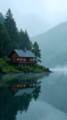 Obraz premium Misty Lakeside Cabin Reflection