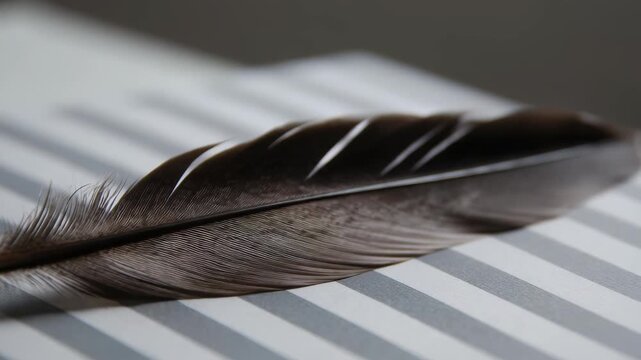 A detailed macro photograph captures a dark feather lying on a modern striped background, emphasizing its fine structure. The image evokes themes of nature, minimalism, and tranquility