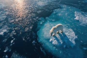 Polar Bear on Melting Ice Floe in Arctic Ocean at Sunset