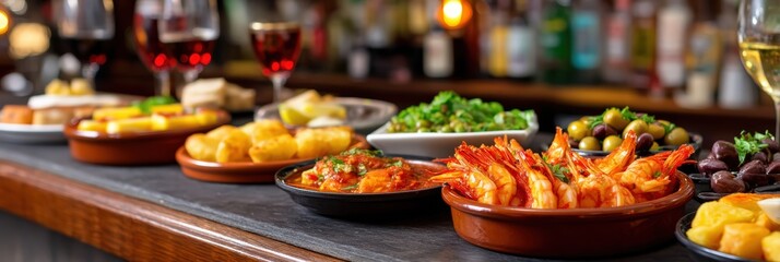 Assorted Spanish Tapas and Wine on a Bar Counter