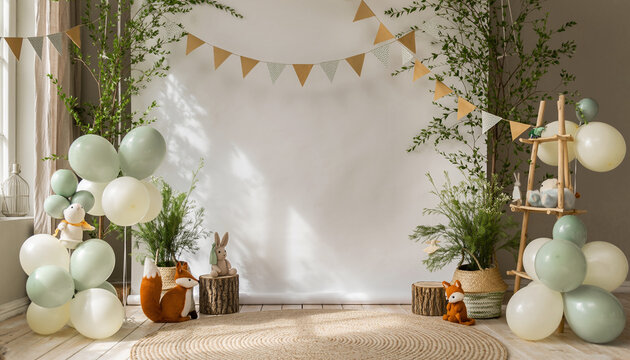 Panoramic professional photoshoot of a toddler celebration with a forest