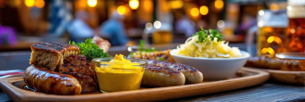 Traditional German Sausage Platter with Mustard and Sauerkraut