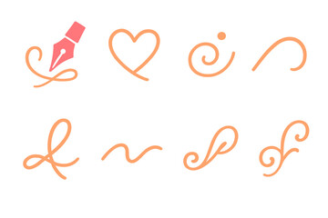 Elegant Pen Flourish. Intimate Script vector set in modern flat style : tender pen tip, cursive heart line, soft swirl, affectionate arc, glowing dot, gentle ribbon, flowing mark, delicate flourish
