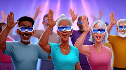 Diverse group of seniors celebrating at a futuristic neon concert