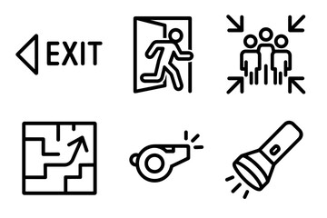 Fire Safety Icons. Fire Safety evacuation set in outline vector style: exit arrow, open door, assembly point icon, route map, whistle, flashlight