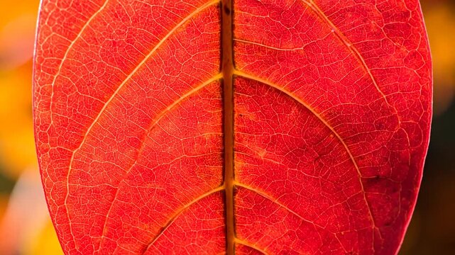 Close-up of a vibrant red leaf with intricate vein patterns and a yellow stem