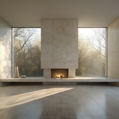 Minimalist Modern Living Room with Fireplace and Large Windows