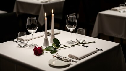 Dinner table close-up with rose and soft candle glow