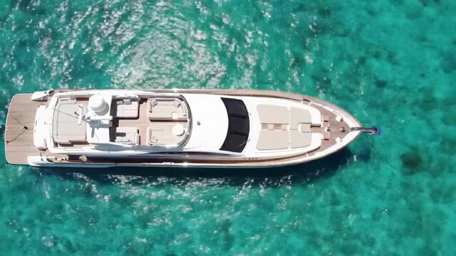 Aerial drone video of a luxurious yacht in crystal-clear turquoise water, golden sandy seabed visible, shimmering with tropical sunlight. Idyllic luxury ocean getaway