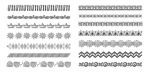 Set african tribal ethnic border, divider doodle hand drawn from geometrical shapes isolated. Boho motif scandinavian srtoke, traditional native decor.