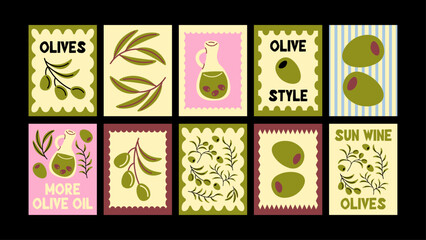 Olive kitchen poster set with bottles of oil, olive leaves and Mediterranean food. Graphic culinary postcards, healthy vibes. Isolated vector wall decor.