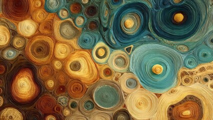 Abstract Swirls of Color: A mesmerizing close-up of an abstract artwork reveals an intricate pattern of swirling, circular forms in a palette of warm and cool tones.