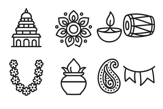 South Asian Cultural Icons. South Asian Classic Culture set in outline vector style: temple silhouette, rangoli pattern, festive lamp, traditional drum, floral
