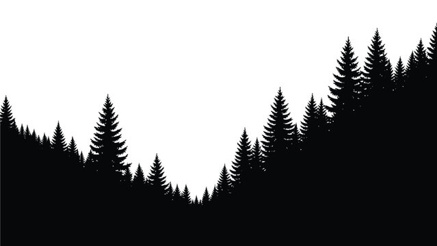 Black silhouette of dense evergreen forest trees creates a dramatic natural border against white space.