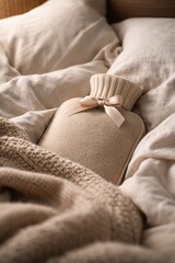 Beige hot water bottle placed on a bed with soft neutral blankets, illustrating warmth, simple home comfort, and coping with cold indoor temperatures.