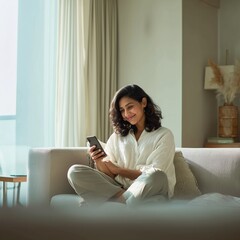 Relaxed Woman Using Smartphone in Modern Living Room