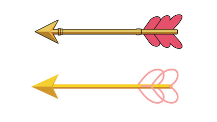 Two golden Cupid arrows with pink heart and feather fletching vector illustration icons isolated
