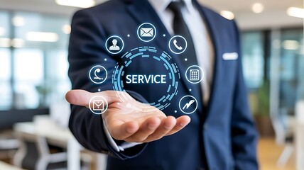 Businessman holding a digital interface with the word SERVICE and customer support icons
