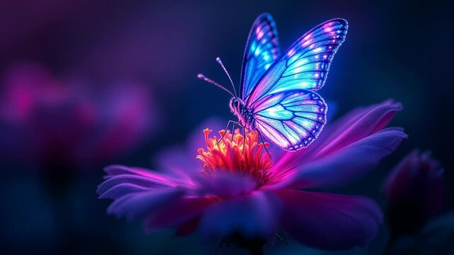 Beautiful glowing butterfly pollinating a vibrant, luminous neon flower in an enchanted fantasy garden