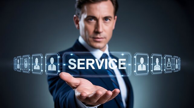 Businessman presenting the word SERVICE with icons of people in a digital interface - Powered by Adobe