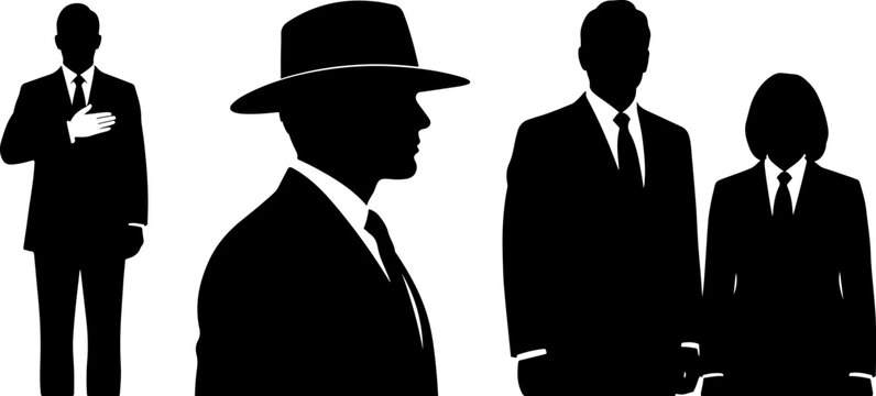 Business people man with hand on heart and man wearing hat group standing silhouettes set