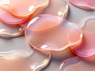 Abstract background of translucent pink and peach jelly textures. Glossy liquid gel blobs on a silver surface. Cosmetic skincare serum or cream swatches