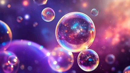 Abstract neon color soap bubbles floating in a beautiful, vibrant cosmic nebula with sparkling stars