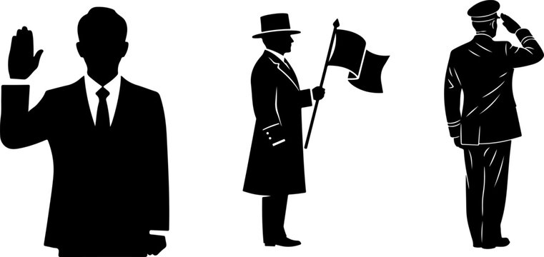 Silhouettes of man swearing oath officer with flag and soldier saluting set