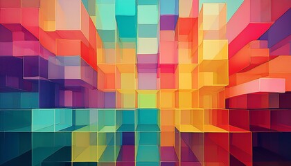 abstract geometric pattern of layered translucent colorful blocks