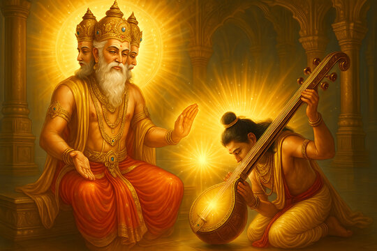 A majestic depiction of lord brahma with a devotee playing a musical instrument bathed in golden light