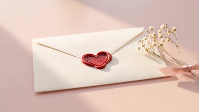 Romantic envelope sealed with a heart shaped red wax stamp and gypsophila flowers on a pink background