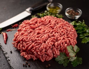 raw minced pork and beef formed into a pile on a black stone surface with knife parsley and spices placed artistically around