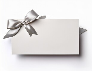 a simple white gift card with a silver ribbon and bow isolated on white background