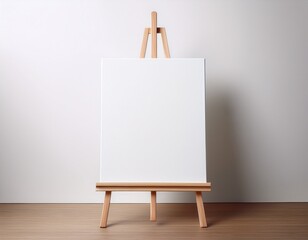 minimalist wooden easel with empty canvas on plain white background perfect for mockups or artistic presentations