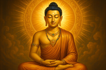 A serene depiction of buddha in a meditative pose bathed in golden light and radiating peacefulness