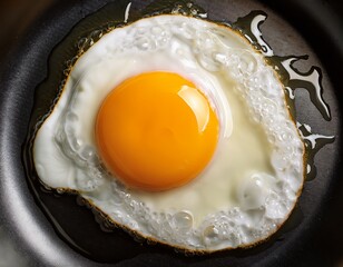 close up top view of uncooked fried egg in a frying pan capturing texture color and freshness of breakfast preparation