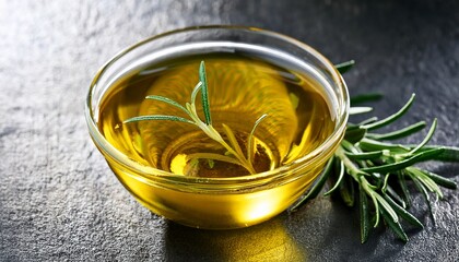 fresh olive oil in glass bowl with green rosemary branches