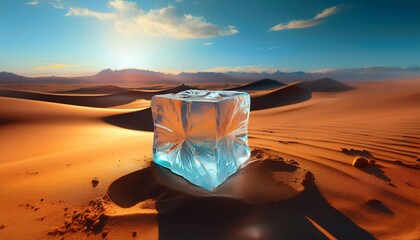 an ice cube in the desert sand concept of cold and heat global warming generative ai