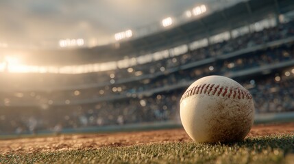 Baseball on Mound in Golden-Hour Light at Illuminated Stadium