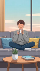 Flat illustration of person relaxing with coffee at home
