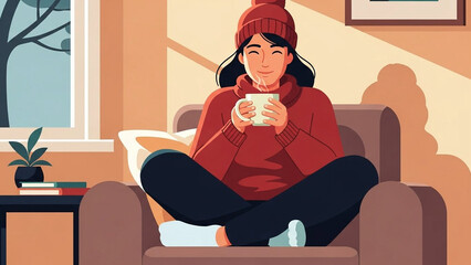 Flat illustration of person relaxing with coffee at home