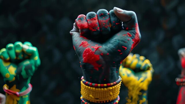 Vibrant painted hands raised in unity and strength with colorful bead bracelets