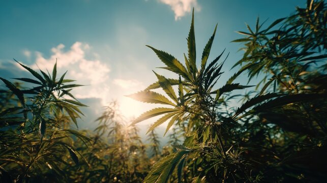Cannabis plants bask in the suns warm embrace under a bright sky.