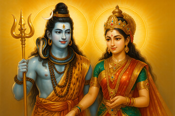 Fototapeta premium A vibrant depiction of lord shiva and goddess parvati radiating divine energy with ornate details and a golden aura surrounding them both