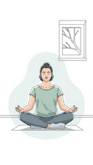 Person meditating indoors, minimal vector