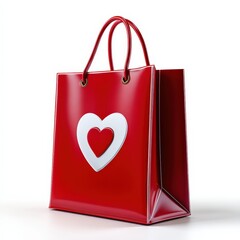 Glossy Red Shopping Bag with Heart Icon Isolated on White Background