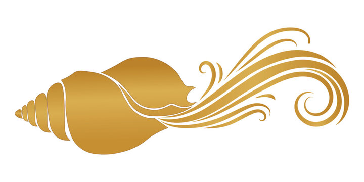 Golden conch shell with decorative swirl waves elegant marine vector illustration
